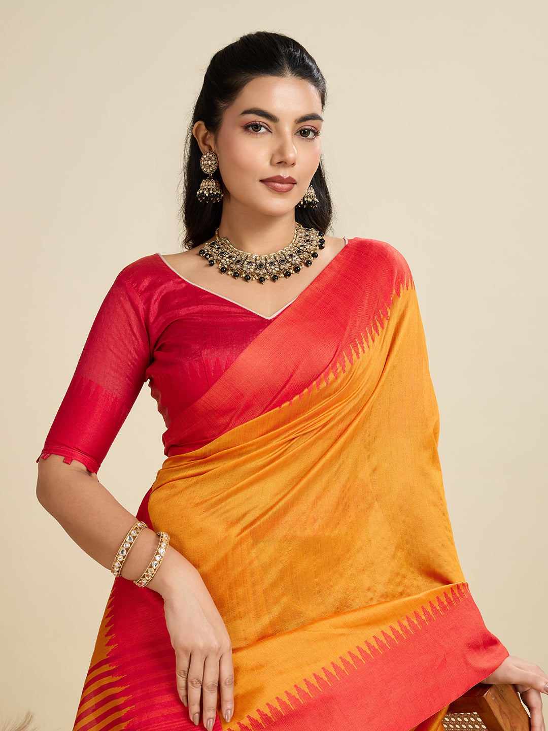 Princeton Orange Soft Raw Silk Saree With Contrast Border