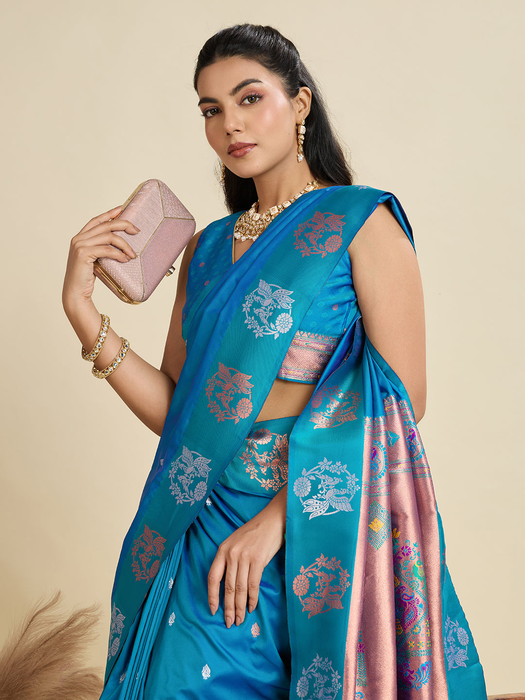 Whimsical Rama Paithani Silk Saree With Ethnic Blouse Piece