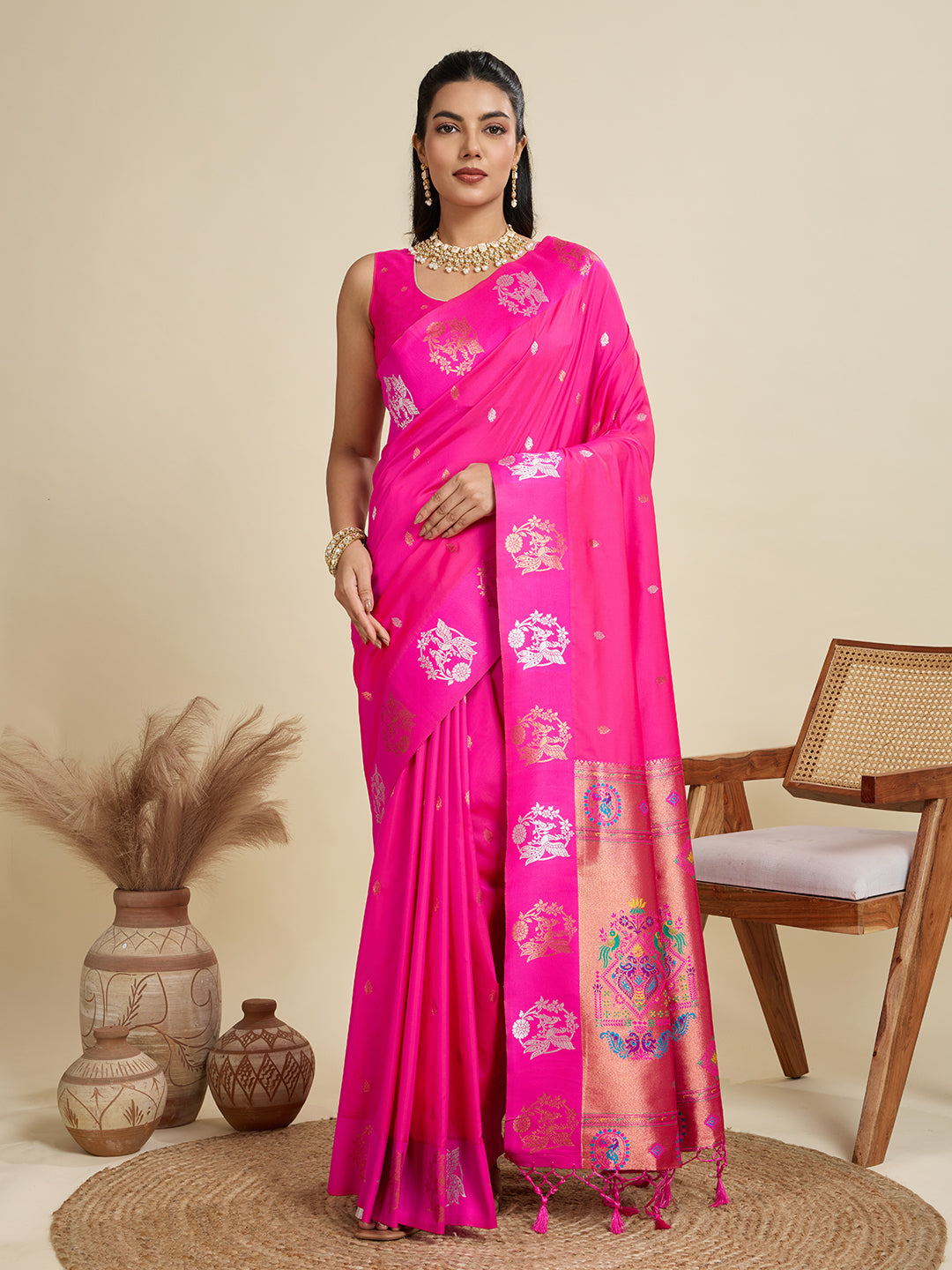 Magenta Pink Paithani Silk Saree With Ethnic Blouse Piece