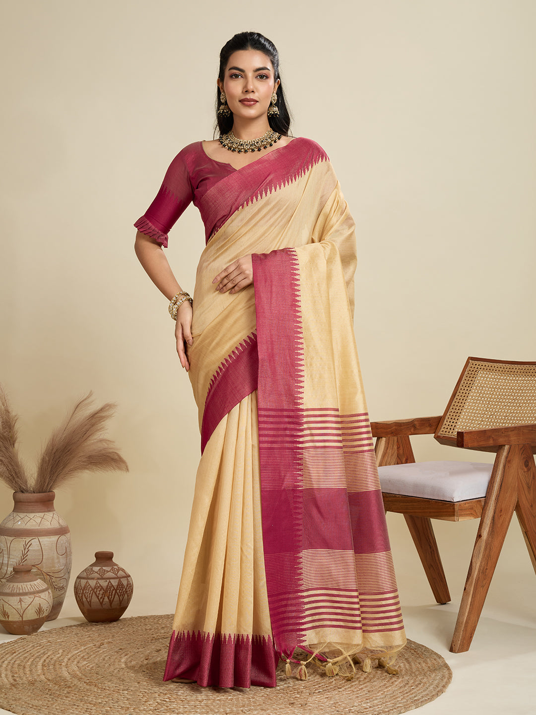 Oat Cream Soft Raw Silk Saree With Contrast Border