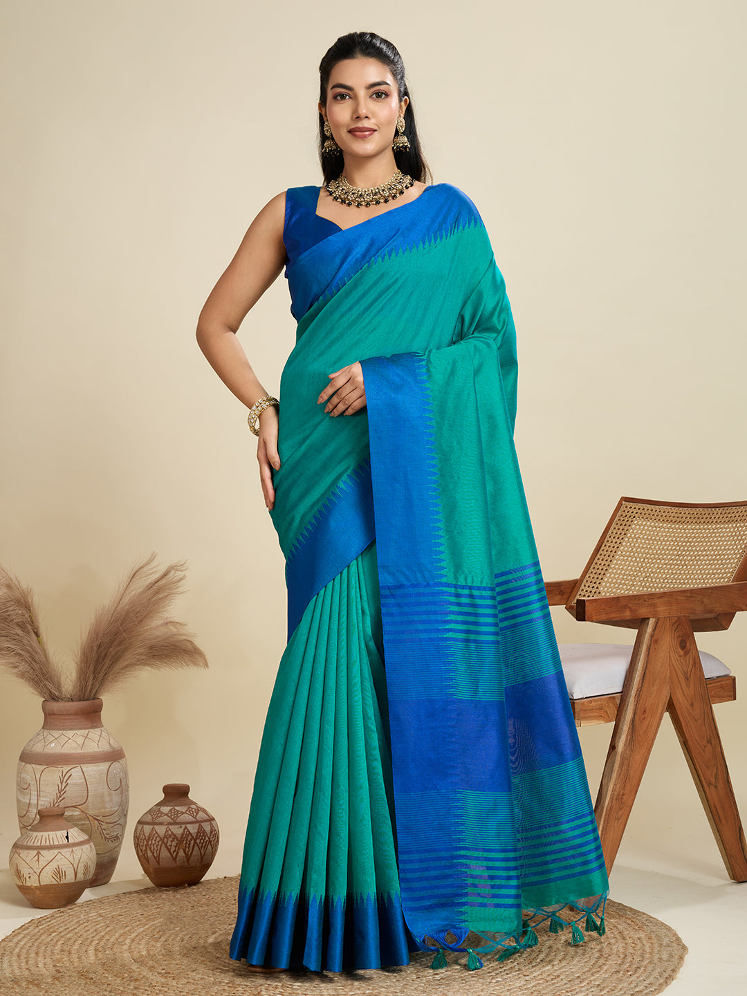 Lapis Blue Soft Raw Silk Saree With Contrast Border