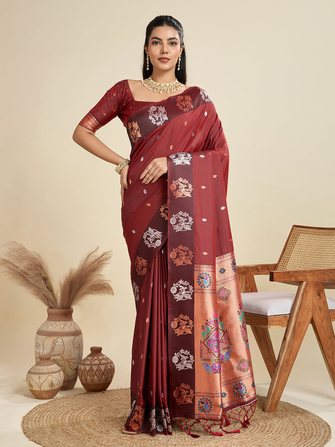Ailurophile Maroon Paithani Silk Saree With Ethnic Blouse Piece