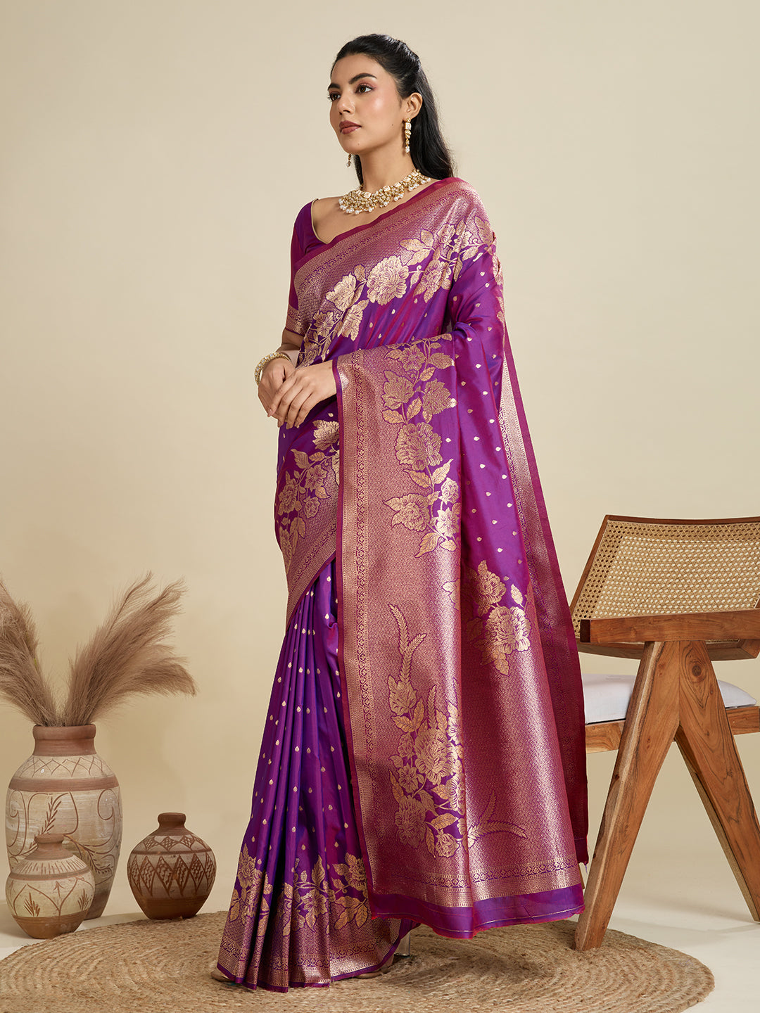 Amethyst Wine Zari Woven Soft Kanjivaram Designer Silk Saree