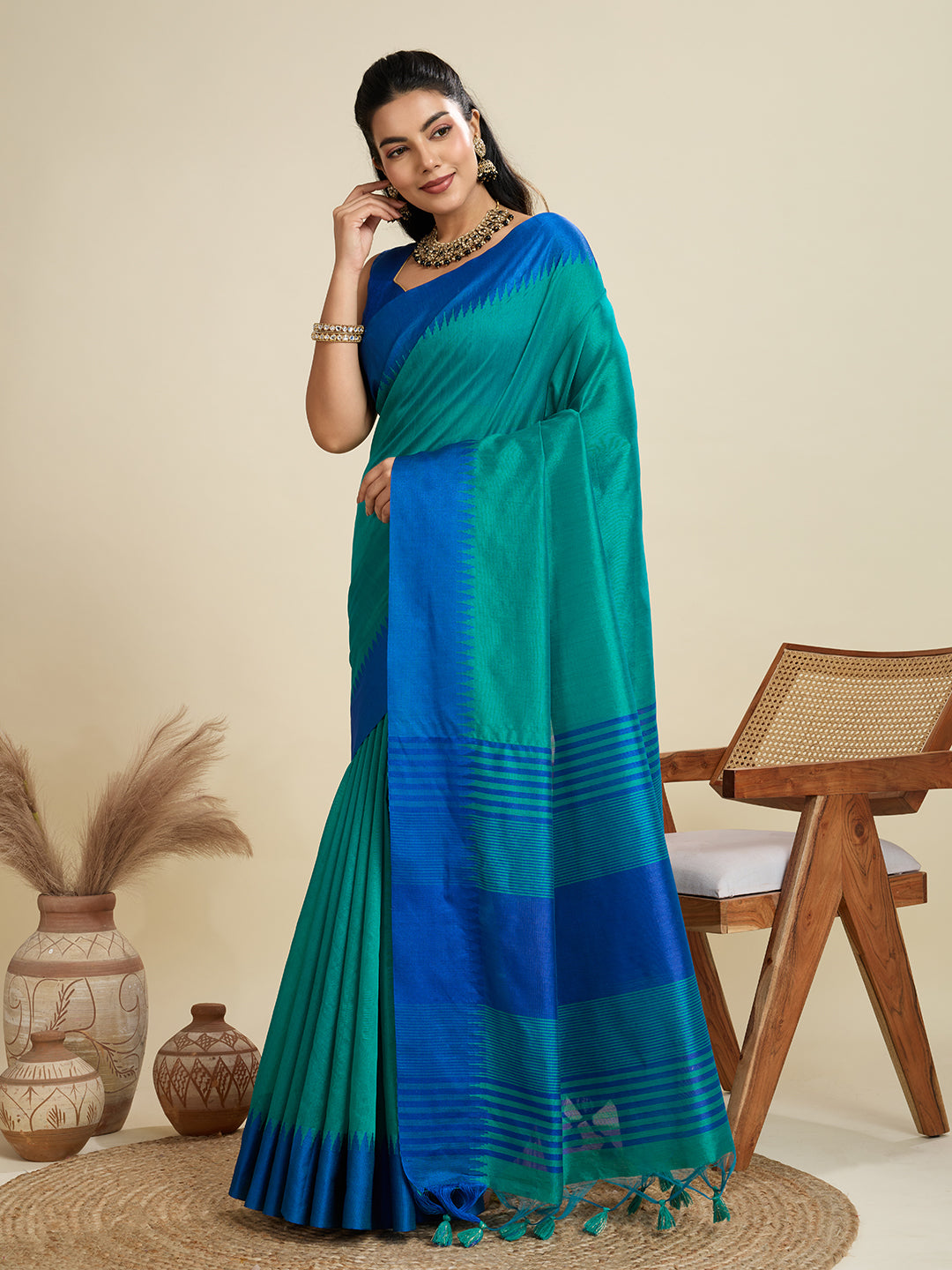 Lapis Blue Soft Raw Silk Saree With Contrast Border