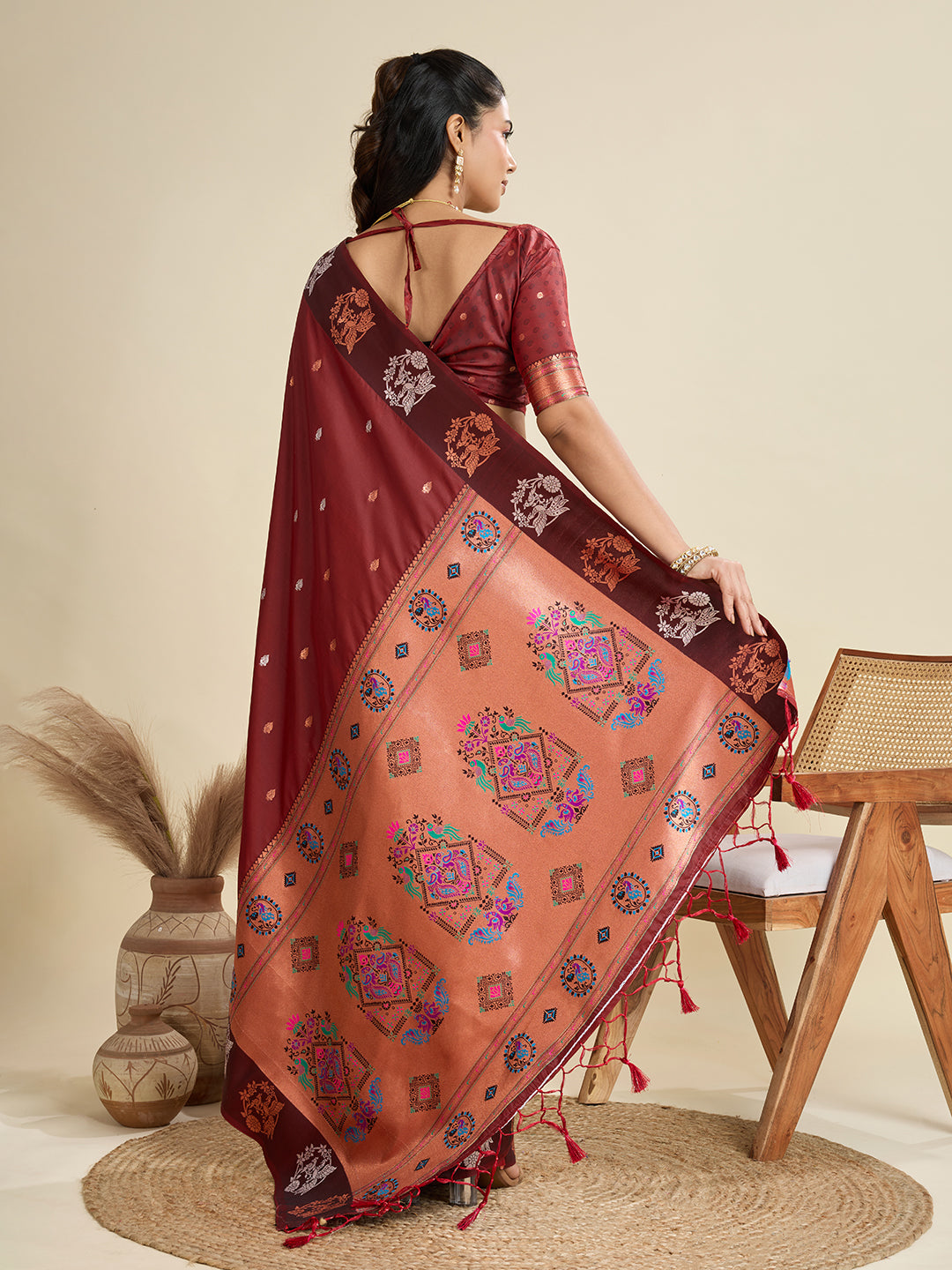 Ailurophile Maroon Paithani Silk Saree With Ethnic Blouse Piece