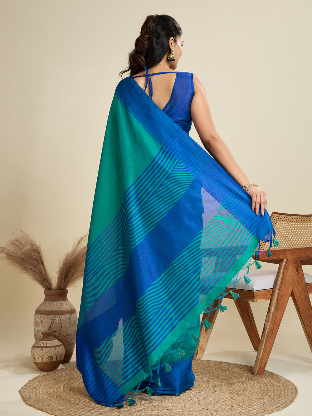 Lapis Blue Soft Raw Silk Saree With Contrast Border