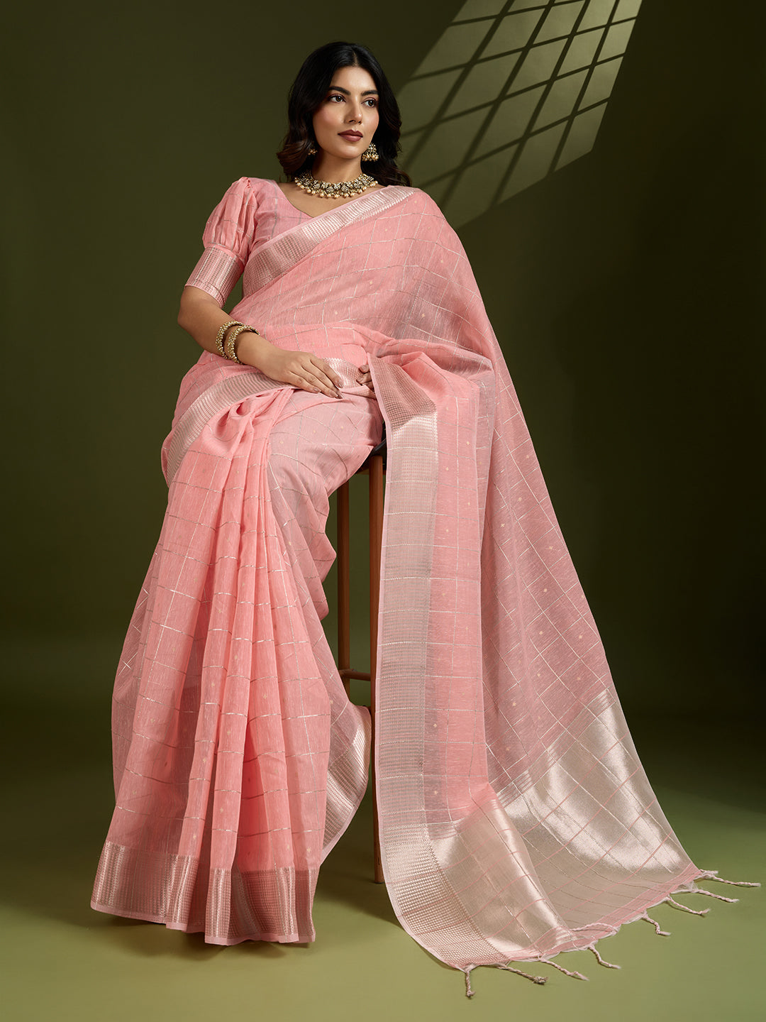 Apricot Peach Linen Tissue Silk Saree