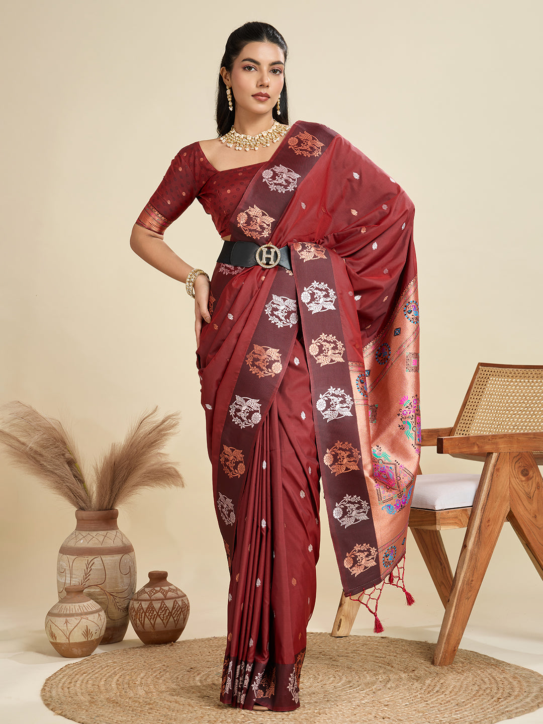 Ailurophile Maroon Paithani Silk Saree With Ethnic Blouse Piece