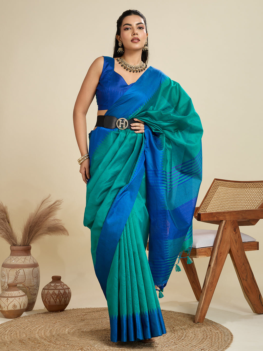 Lapis Blue Soft Raw Silk Saree With Contrast Border