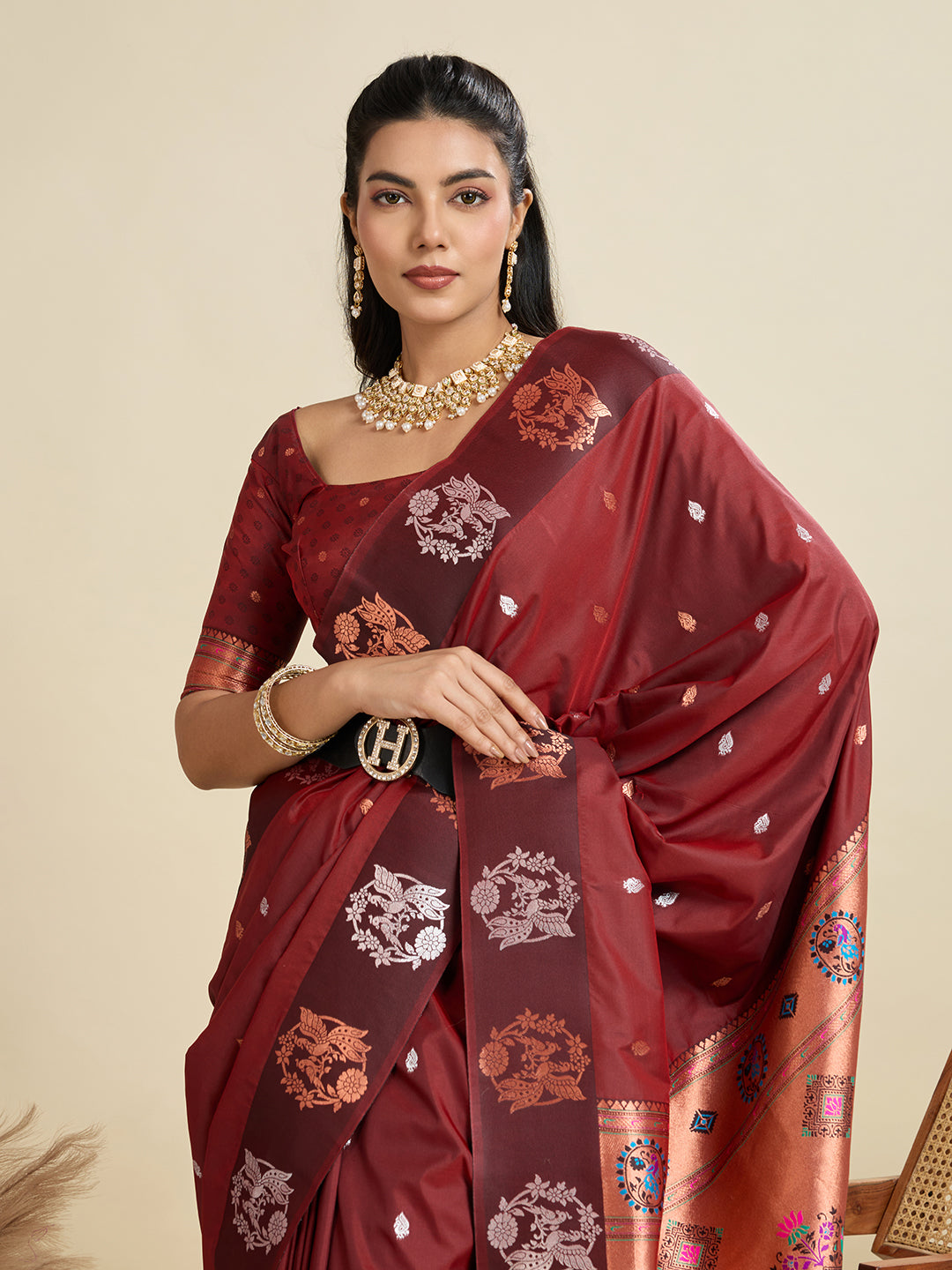 Ailurophile Maroon Paithani Silk Saree With Ethnic Blouse Piece