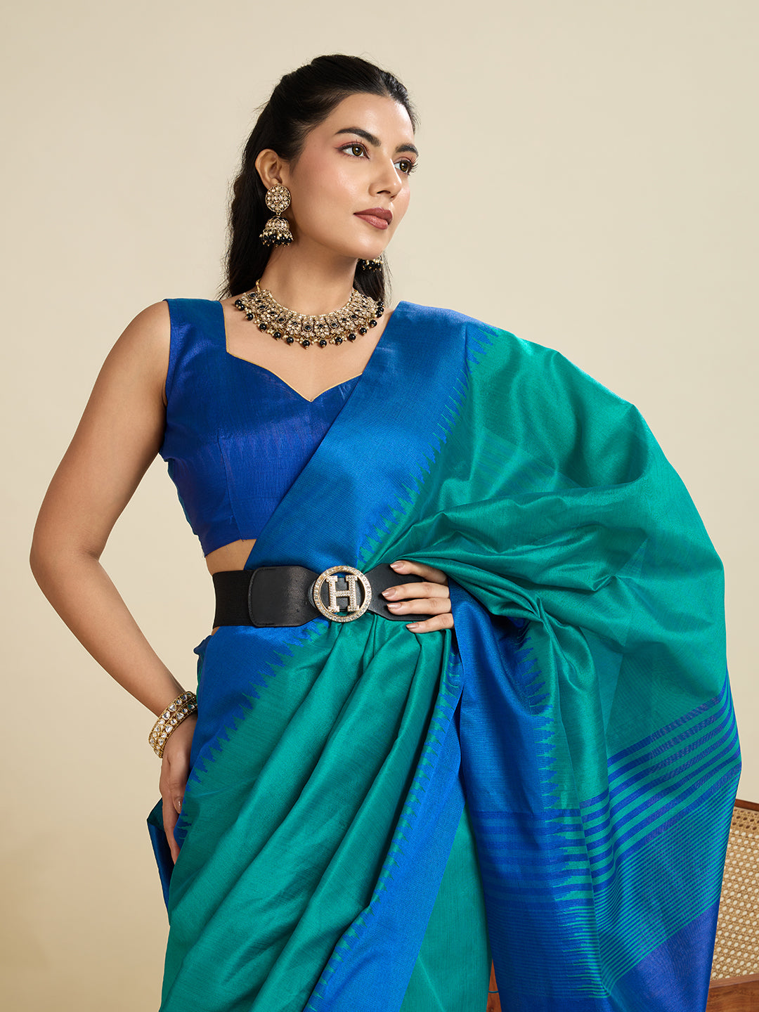 Lapis Blue Soft Raw Silk Saree With Contrast Border