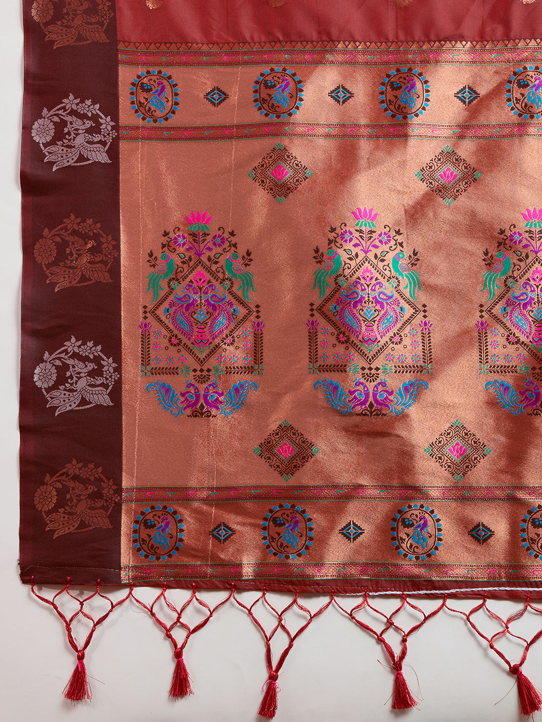 Ailurophile Maroon Paithani Silk Saree With Ethnic Blouse Piece