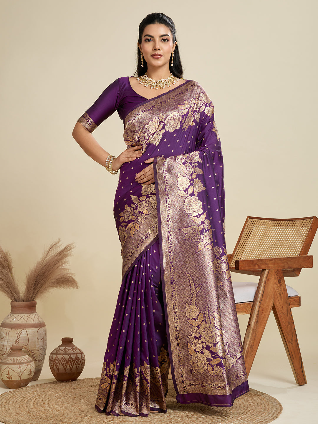 Amethyst Wine Zari Woven Soft Kanjivaram Designer Silk Saree