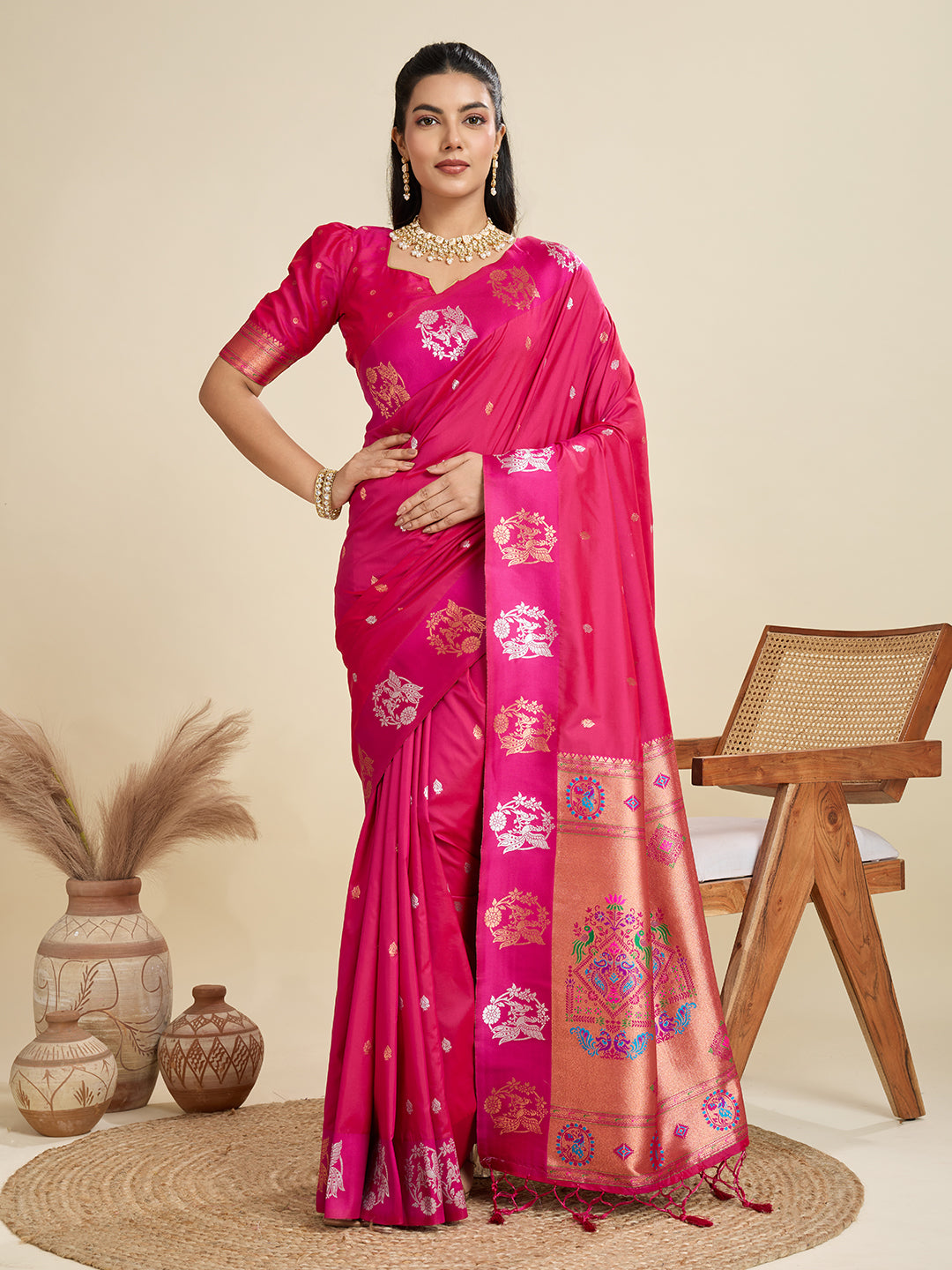 Skinny Dark Pink Paithani Silk Saree With Ethnic Blouse Piece