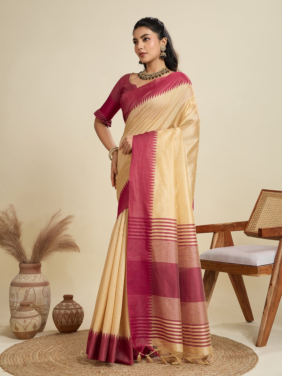 Oat Cream Soft Raw Silk Saree With Contrast Border