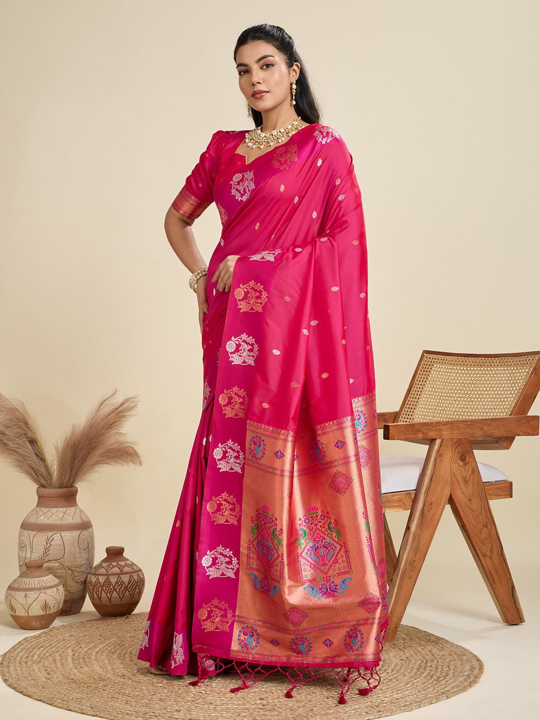 Skinny Dark Pink Paithani Silk Saree With Ethnic Blouse Piece