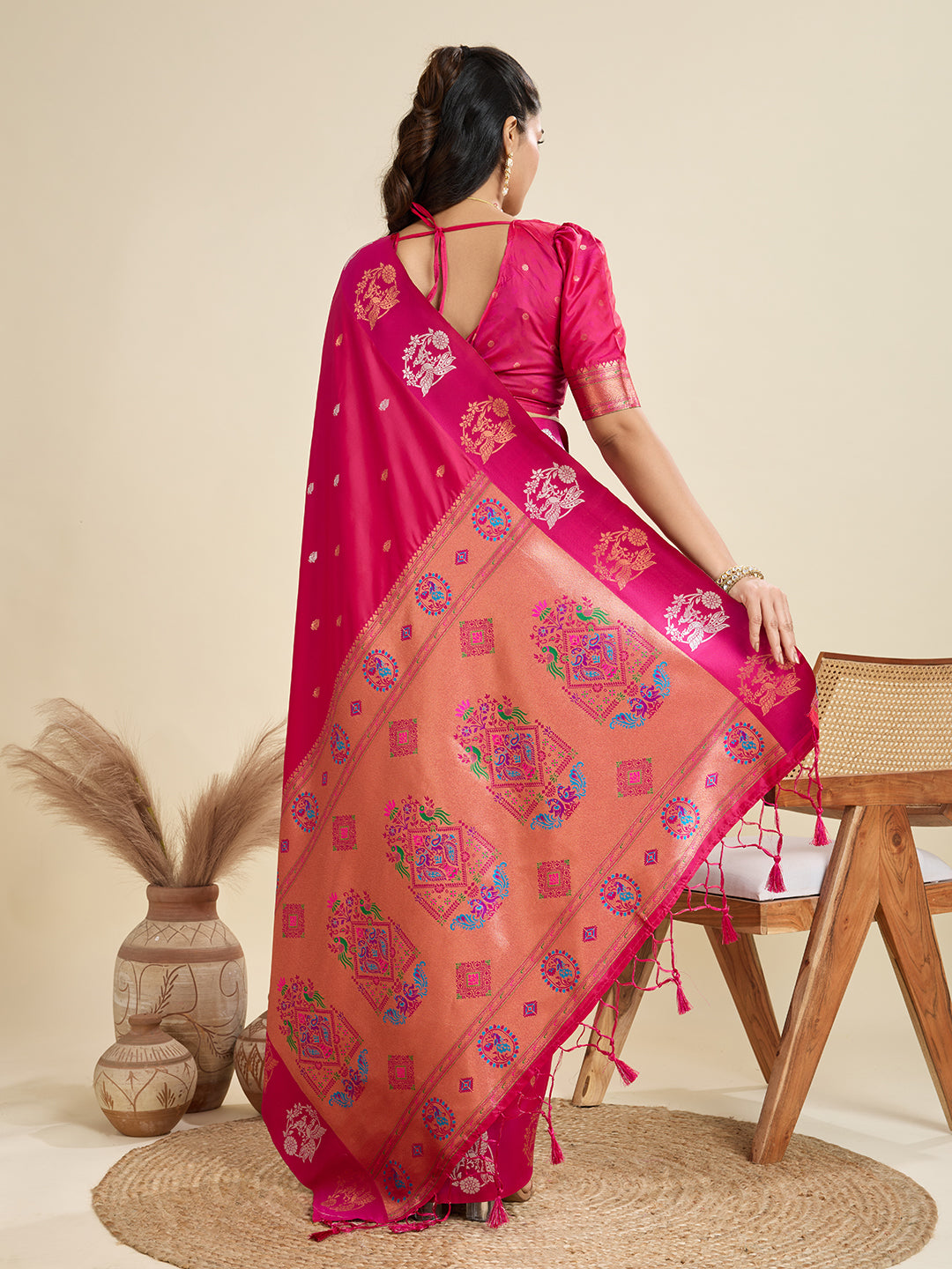 Skinny Dark Pink Paithani Silk Saree With Ethnic Blouse Piece