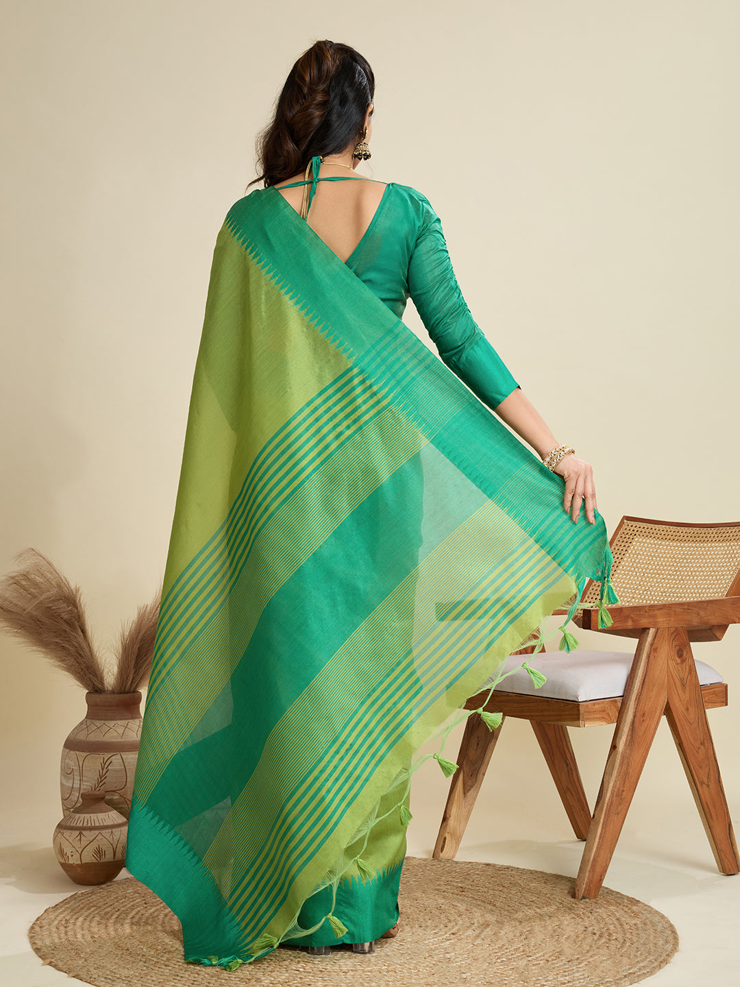 Moss Green Soft Raw Silk Saree With Contrast Border