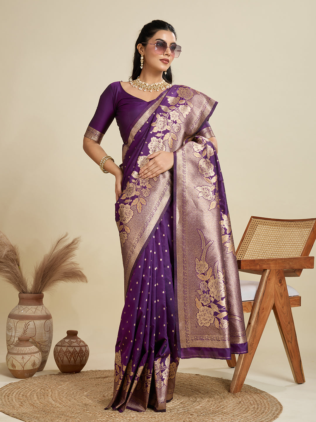 Amethyst Wine Zari Woven Soft Kanjivaram Designer Silk Saree