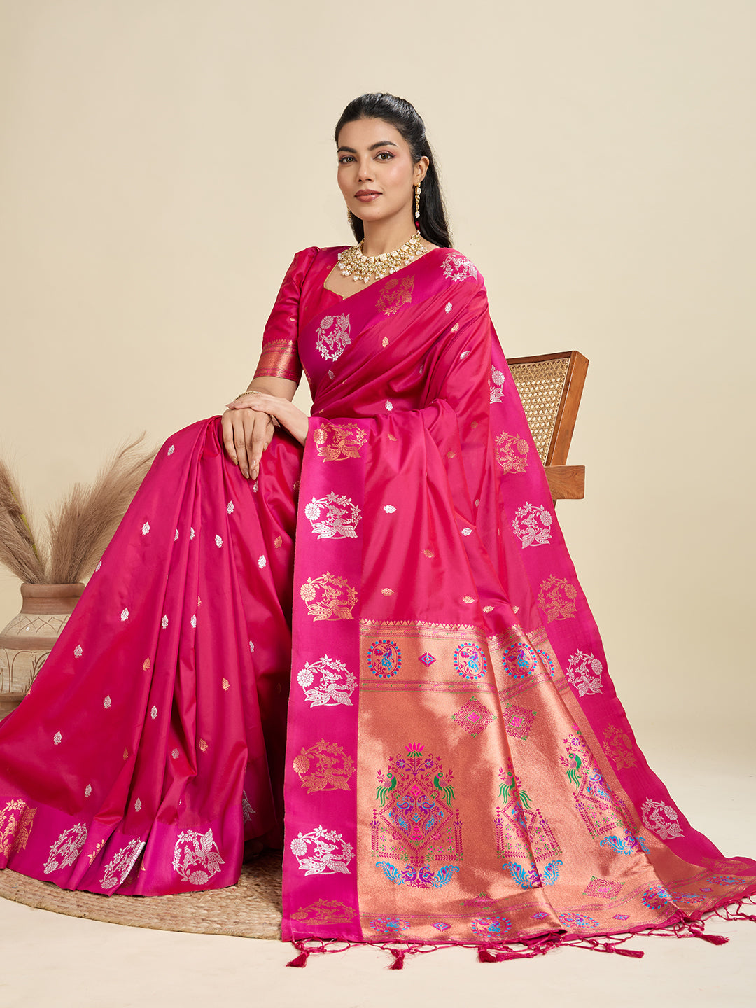 Skinny Dark Pink Paithani Silk Saree With Ethnic Blouse Piece