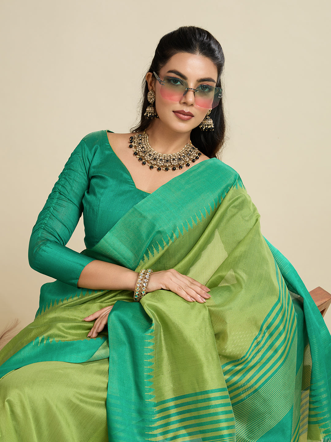 Moss Green Soft Raw Silk Saree With Contrast Border