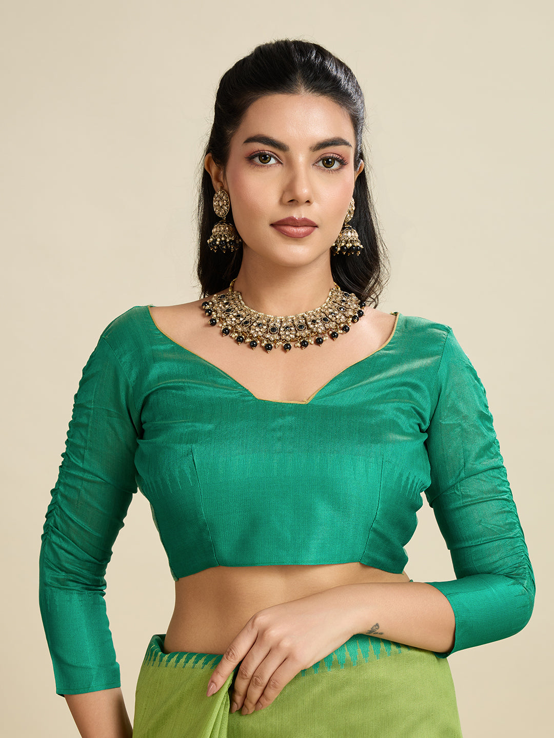 Moss Green Soft Raw Silk Saree With Contrast Border