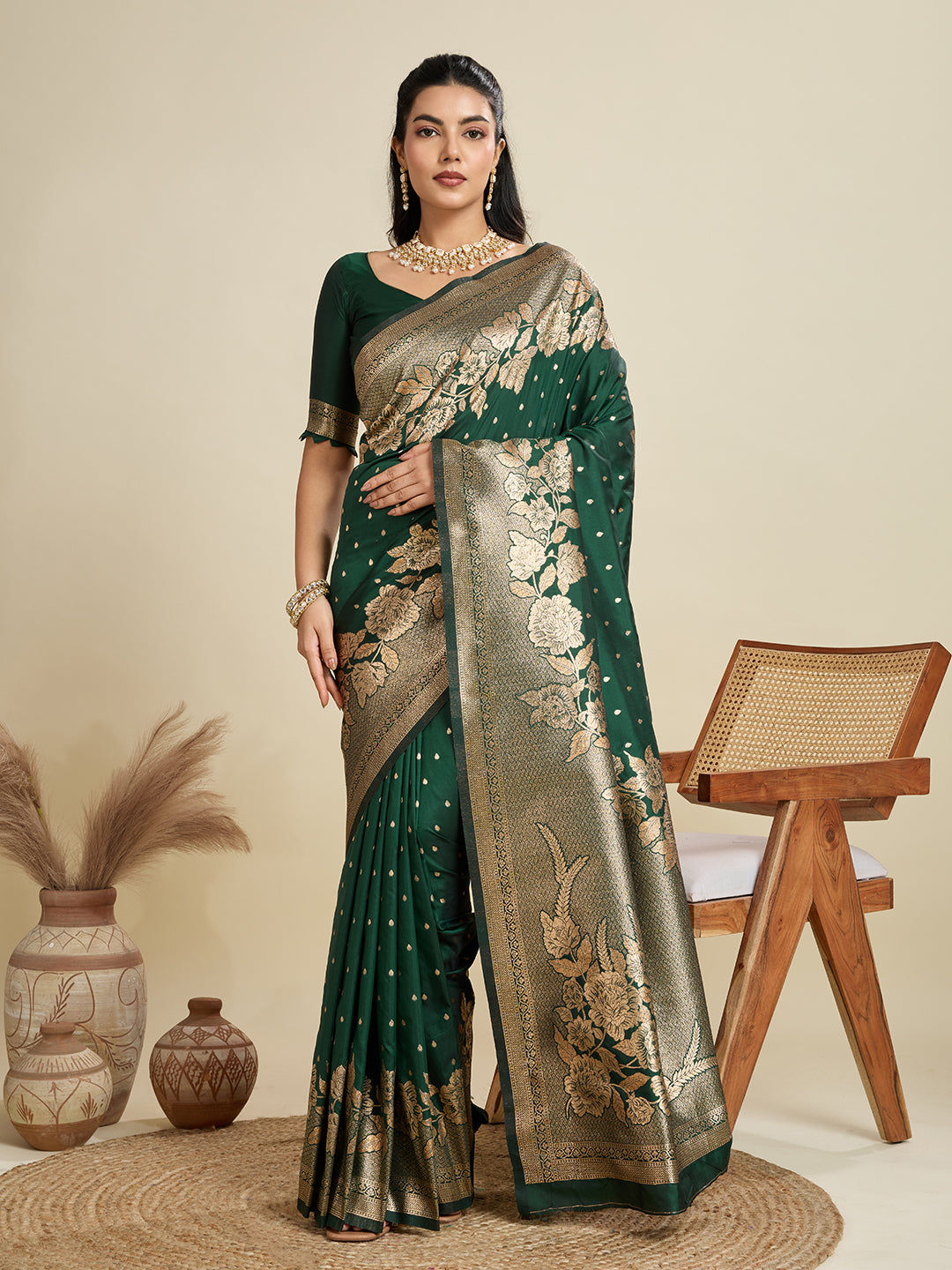 Basil Green Zari Woven Soft Kanjivaram Designer Silk Saree