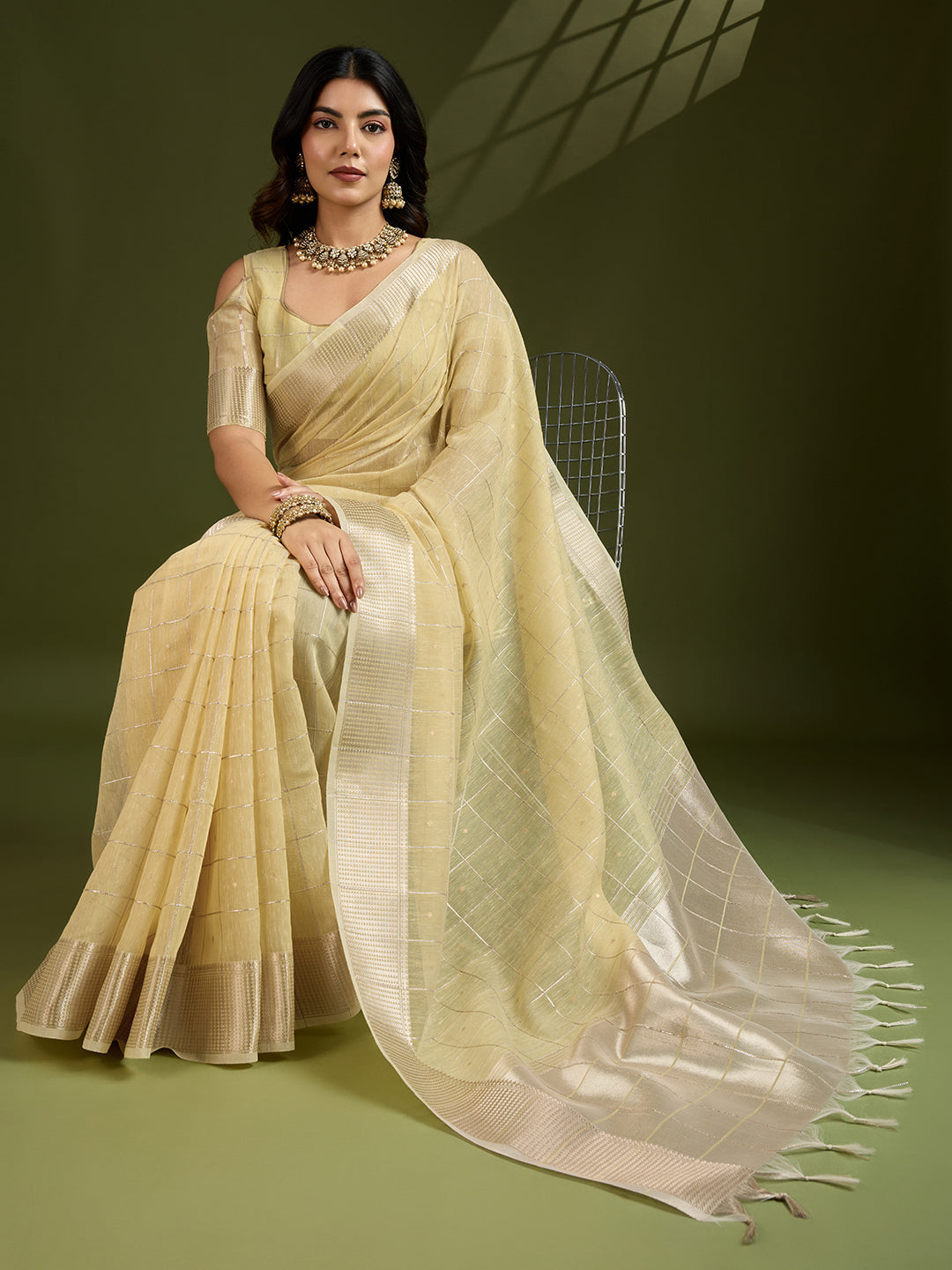 Daffodil Yellow Linen Tissue Silk Saree