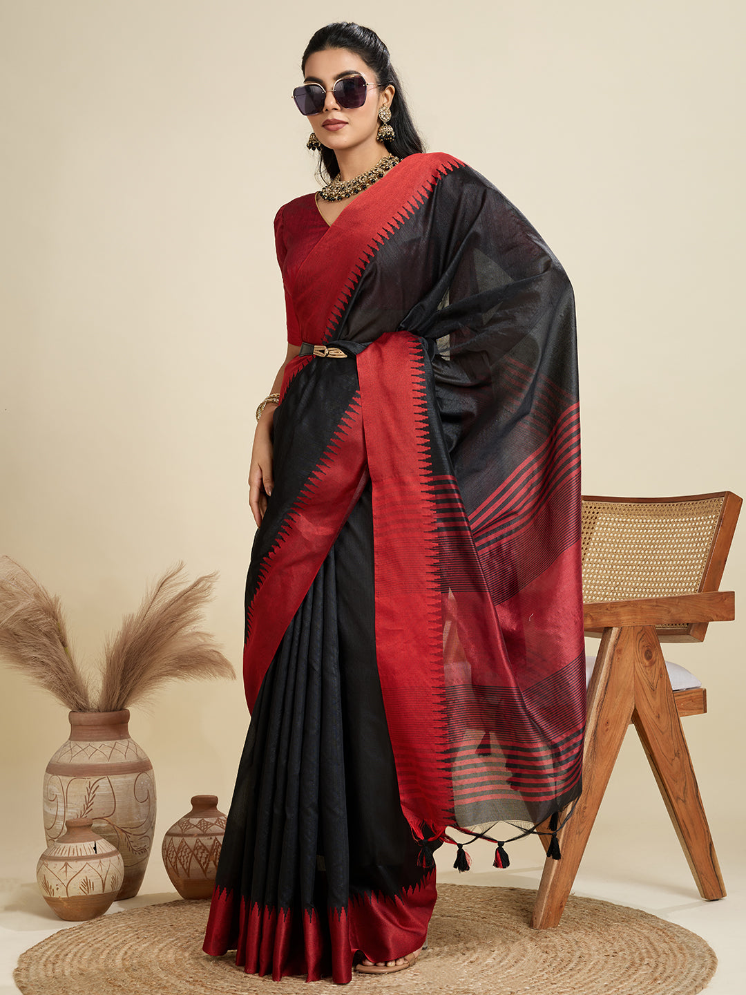 Matte Black Soft Raw Silk Saree With Contrast Border