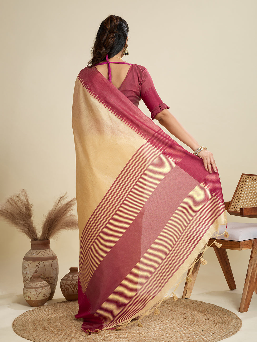 Oat Cream Soft Raw Silk Saree With Contrast Border