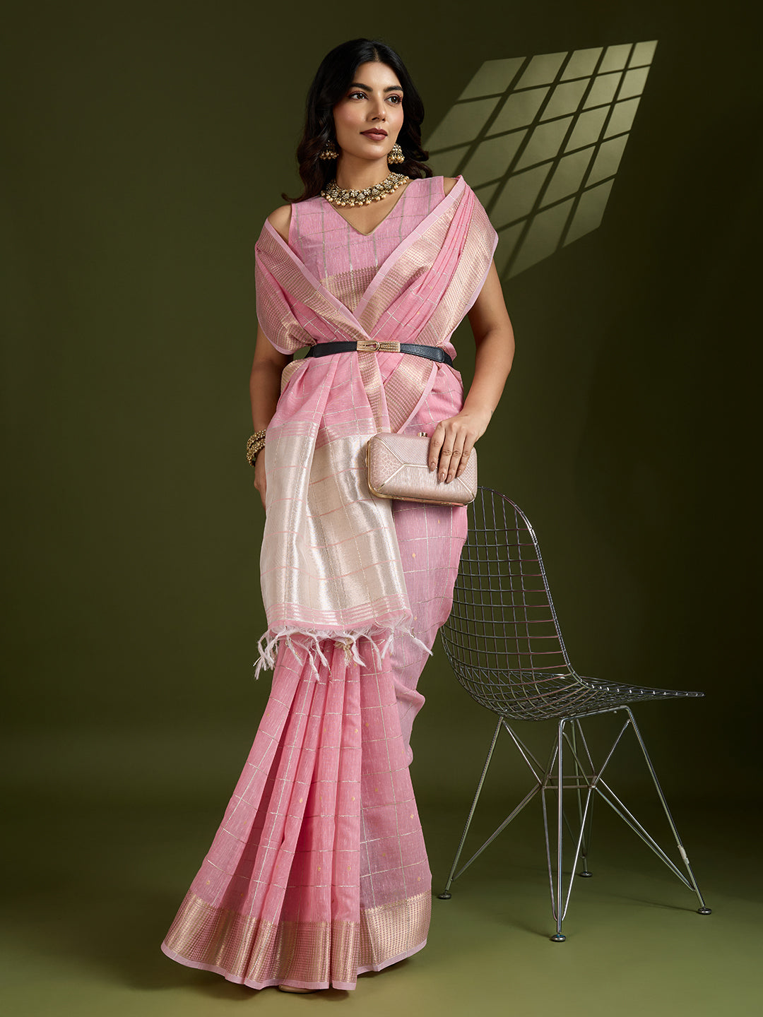 Rose Pink Linen Tissue Silk Saree
