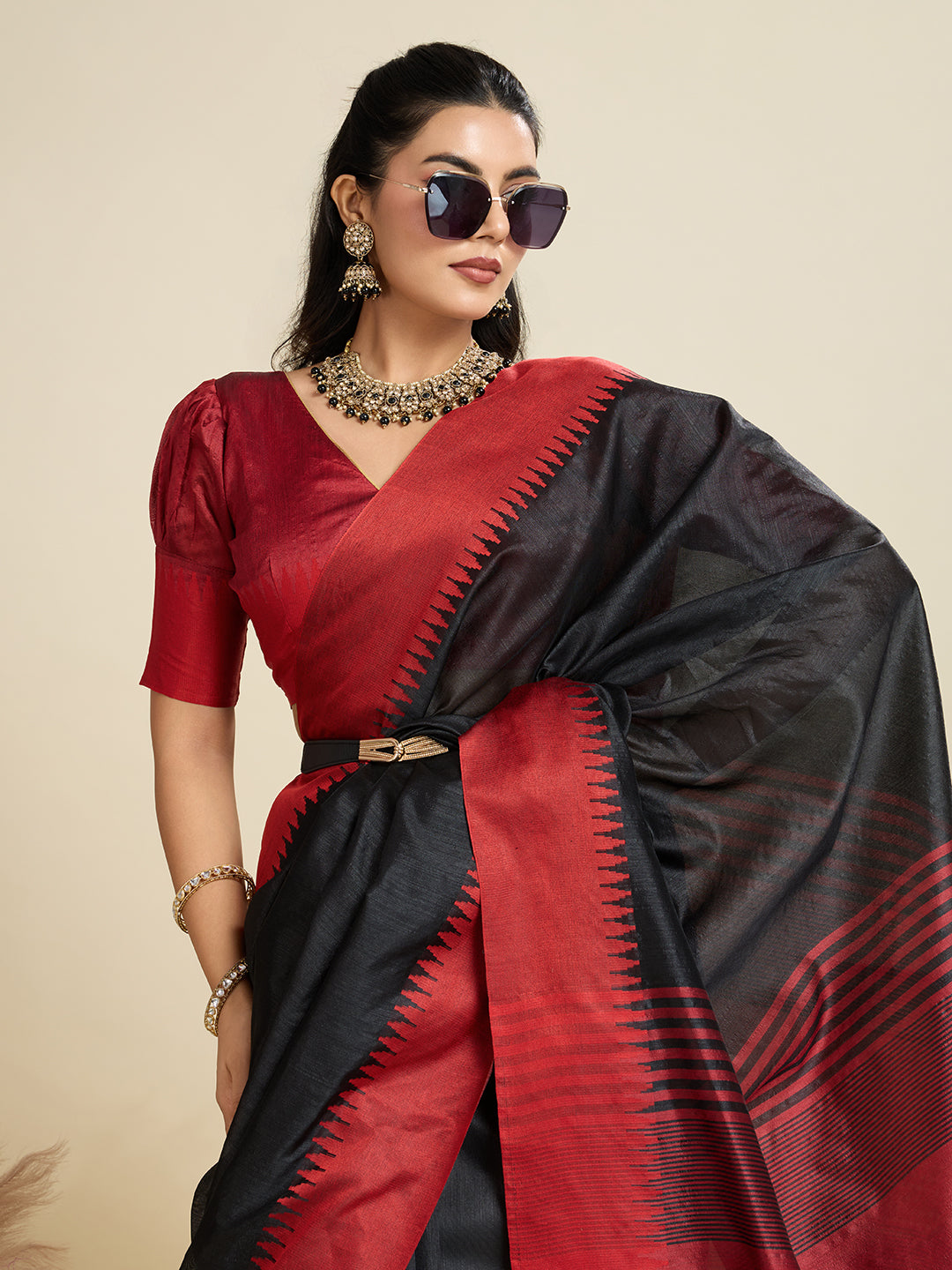 Matte Black Soft Raw Silk Saree With Contrast Border