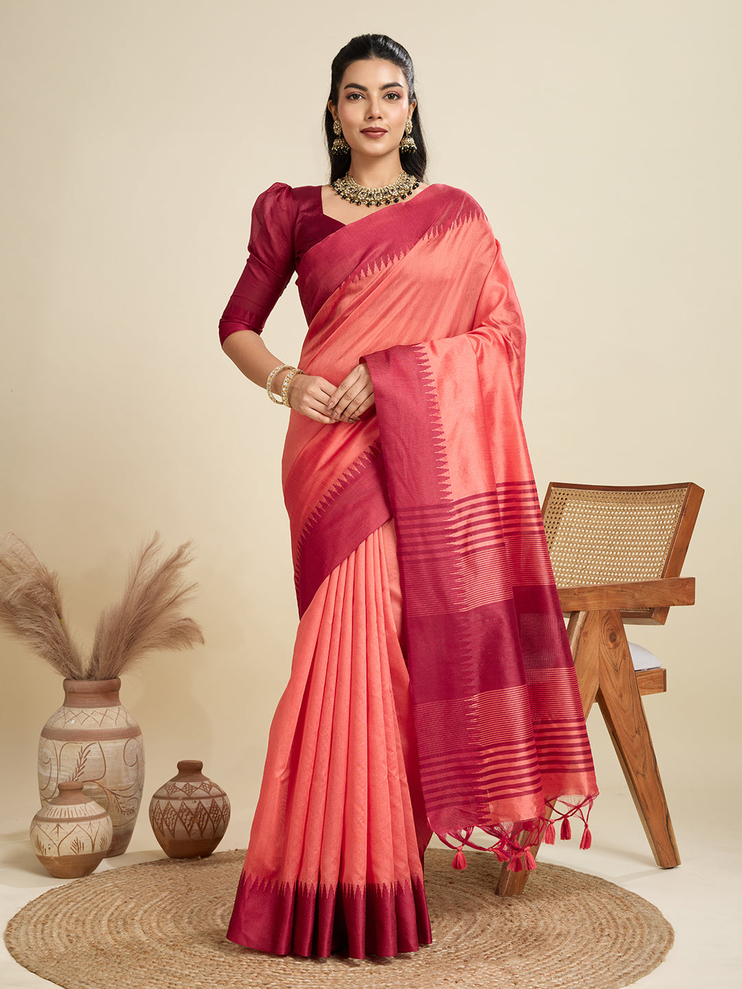 Pastel Peach Soft Raw Silk Saree With Contrast Border