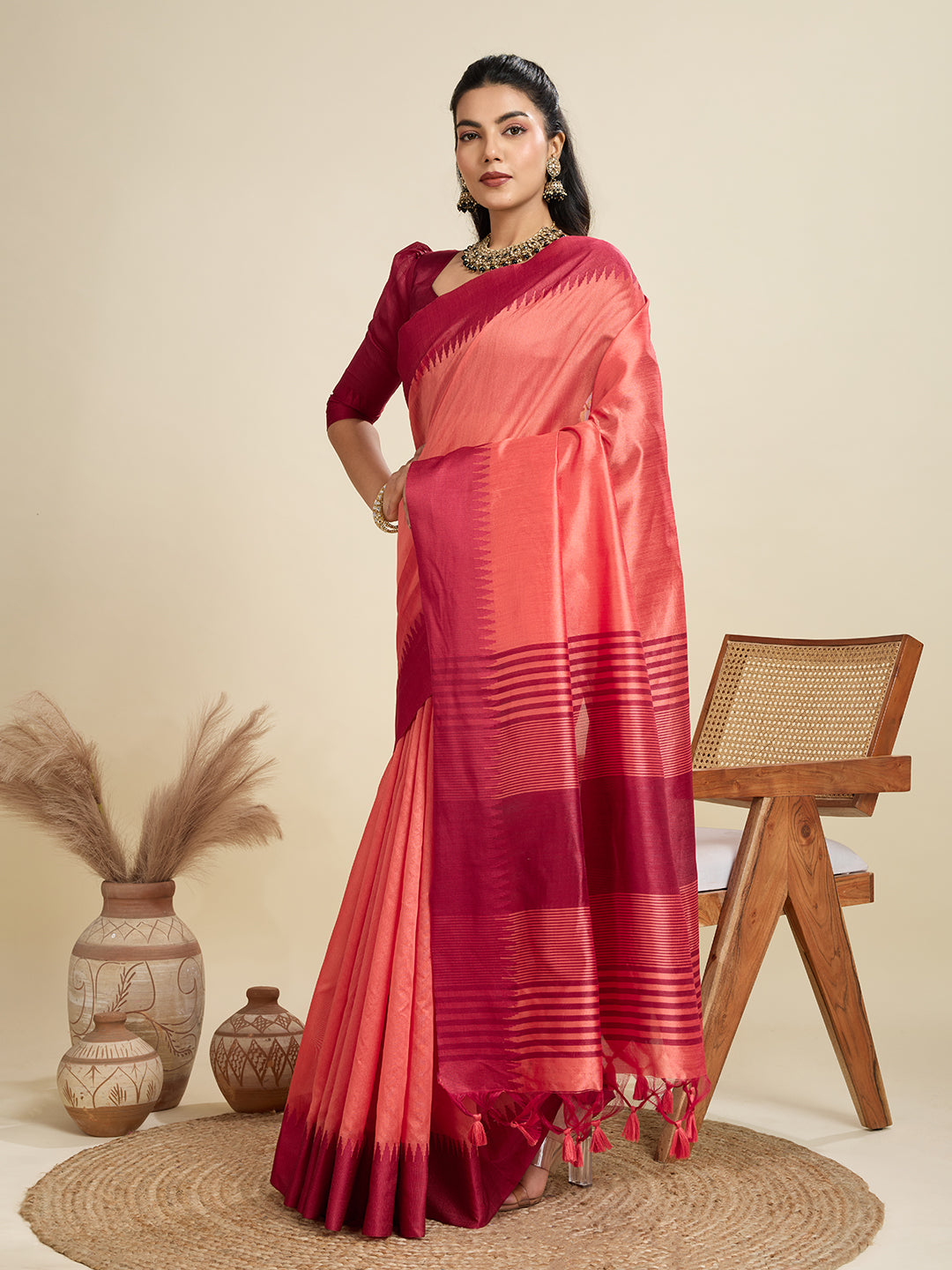 Pastel Peach Soft Raw Silk Saree With Contrast Border
