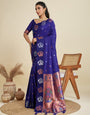 Capricious Navy Blue Paithani Silk Saree With Ethnic Blouse Piece