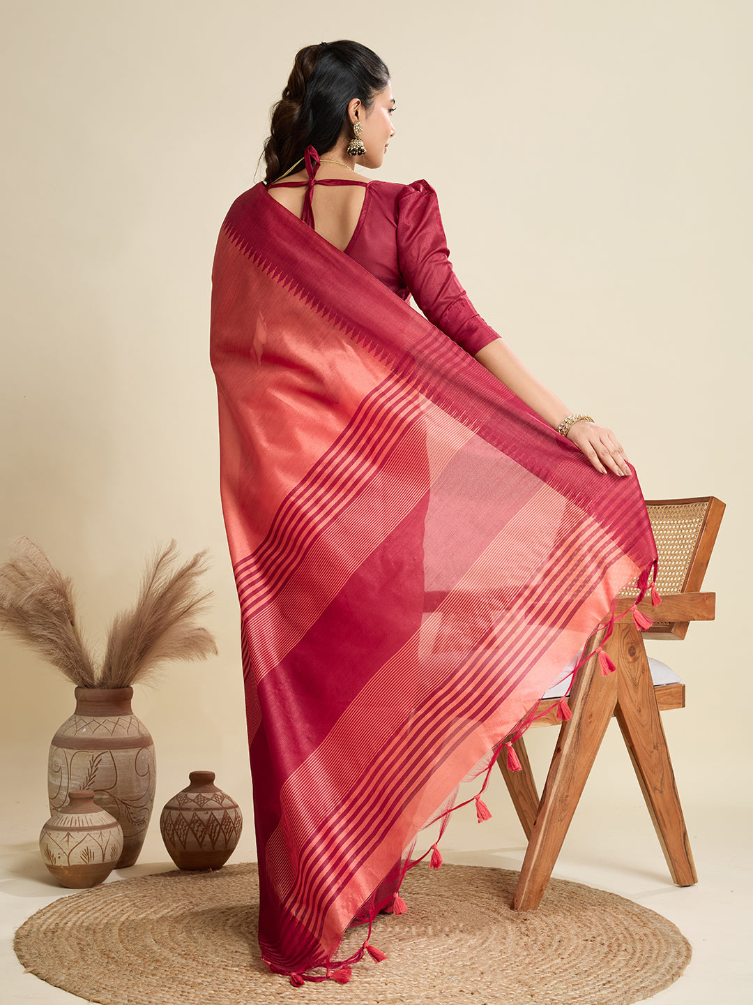 Pastel Peach Soft Raw Silk Saree With Contrast Border
