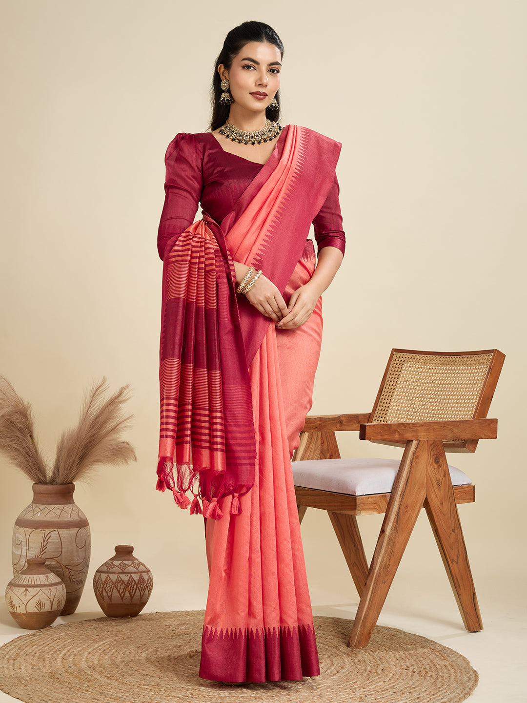 Pastel Peach Soft Raw Silk Saree With Contrast Border