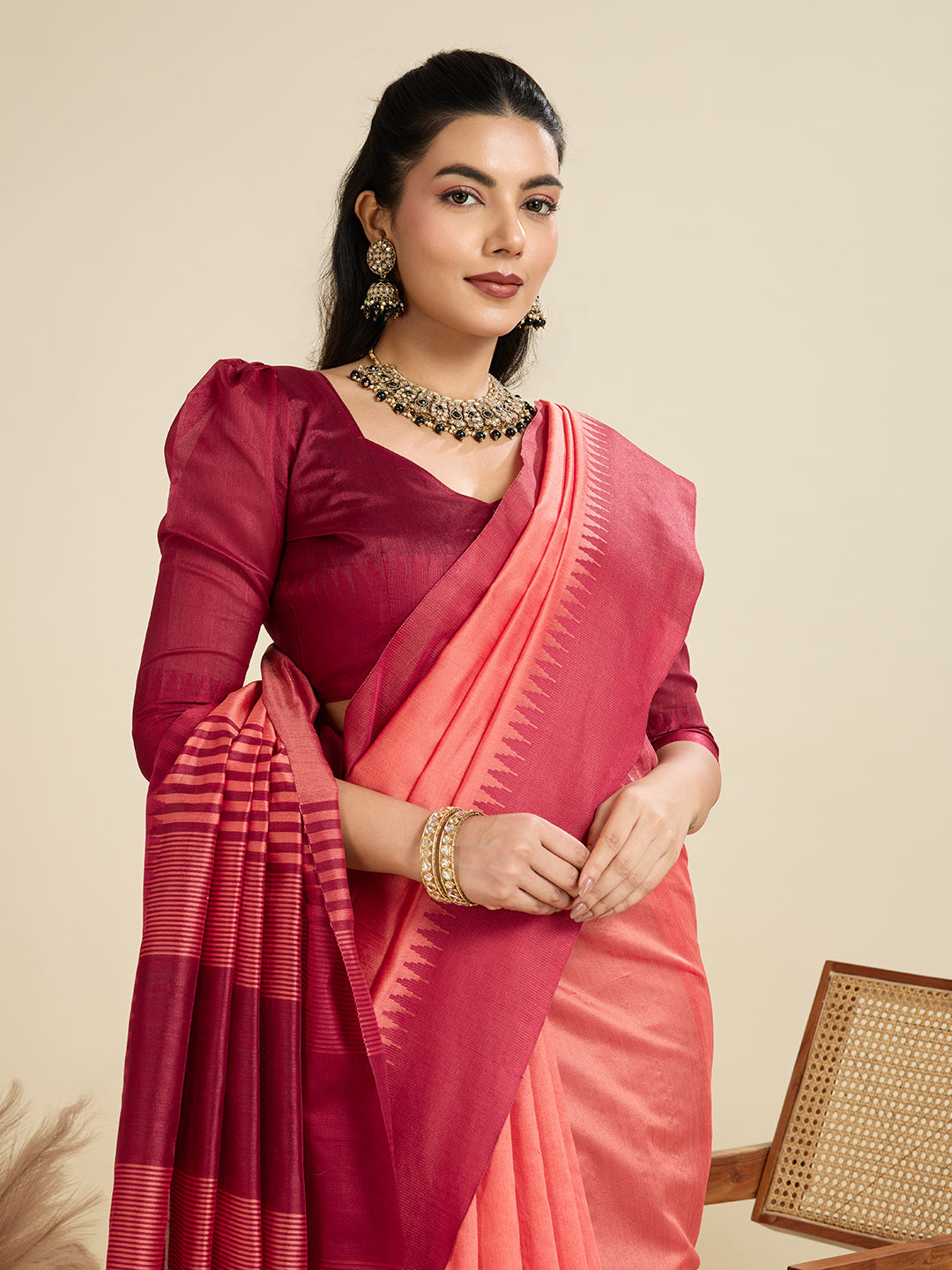 Pastel Peach Soft Raw Silk Saree With Contrast Border