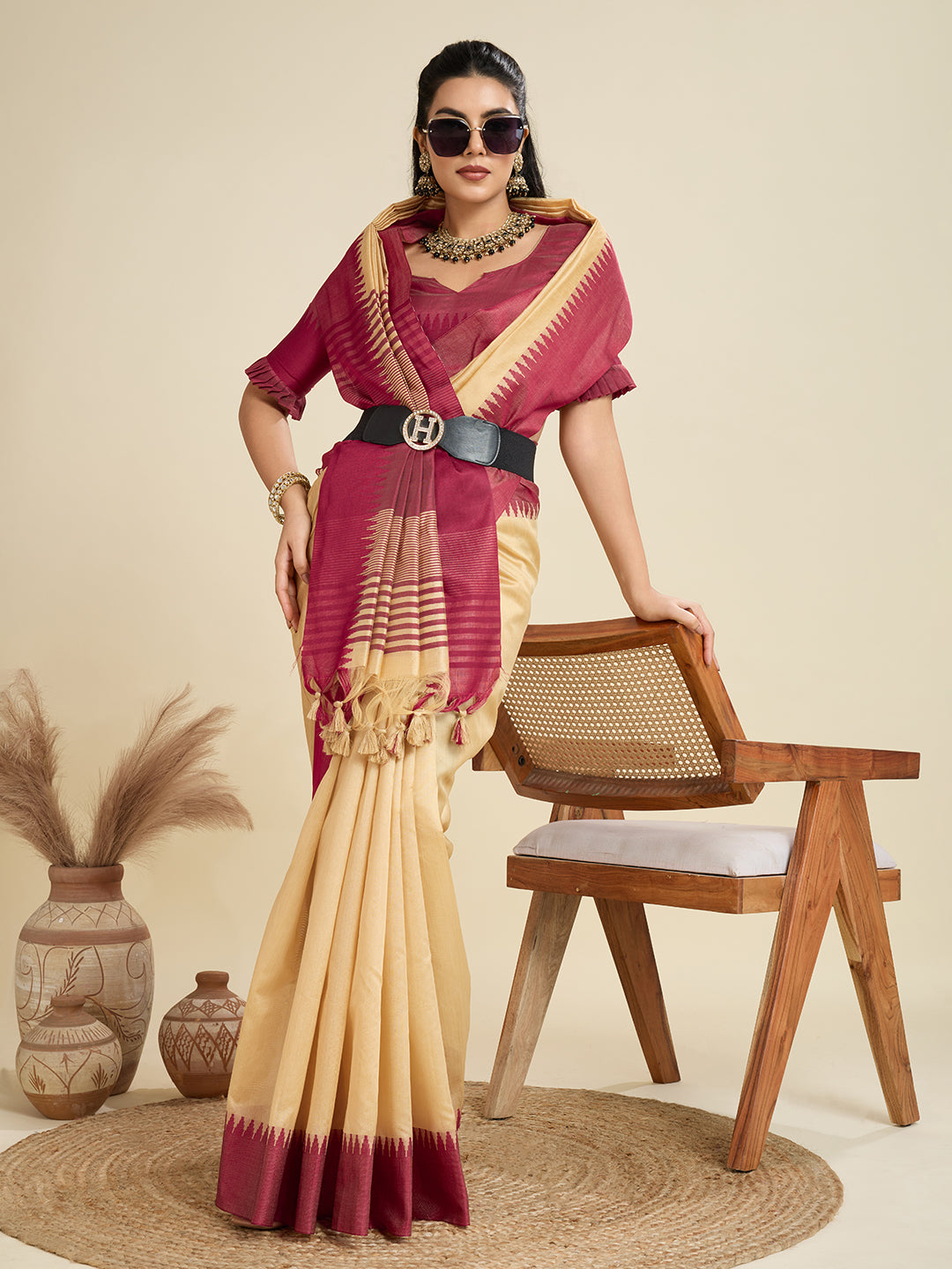 Oat Cream Soft Raw Silk Saree With Contrast Border