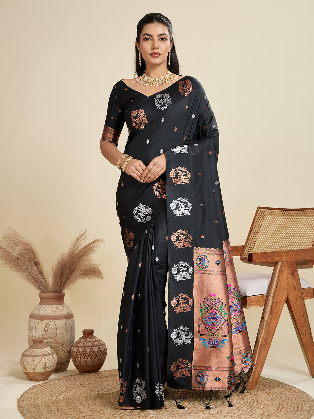 Pleasant Black Paithani Silk Saree With Ethnic Blouse Piece