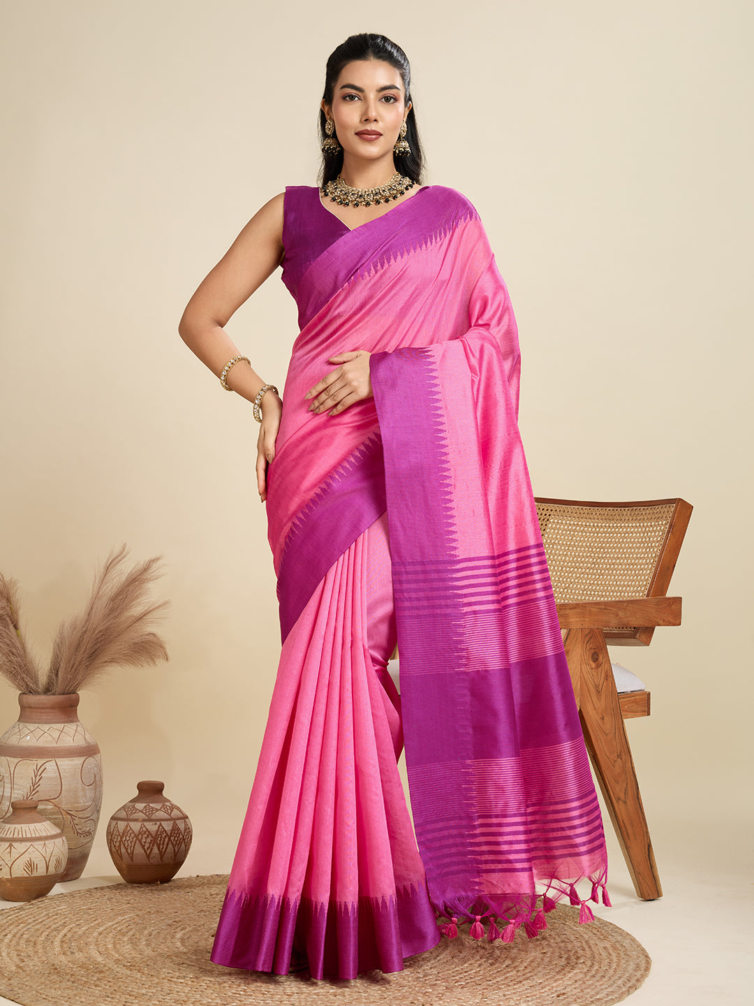 Punch Pink Soft Raw Silk Saree With Contrast Border