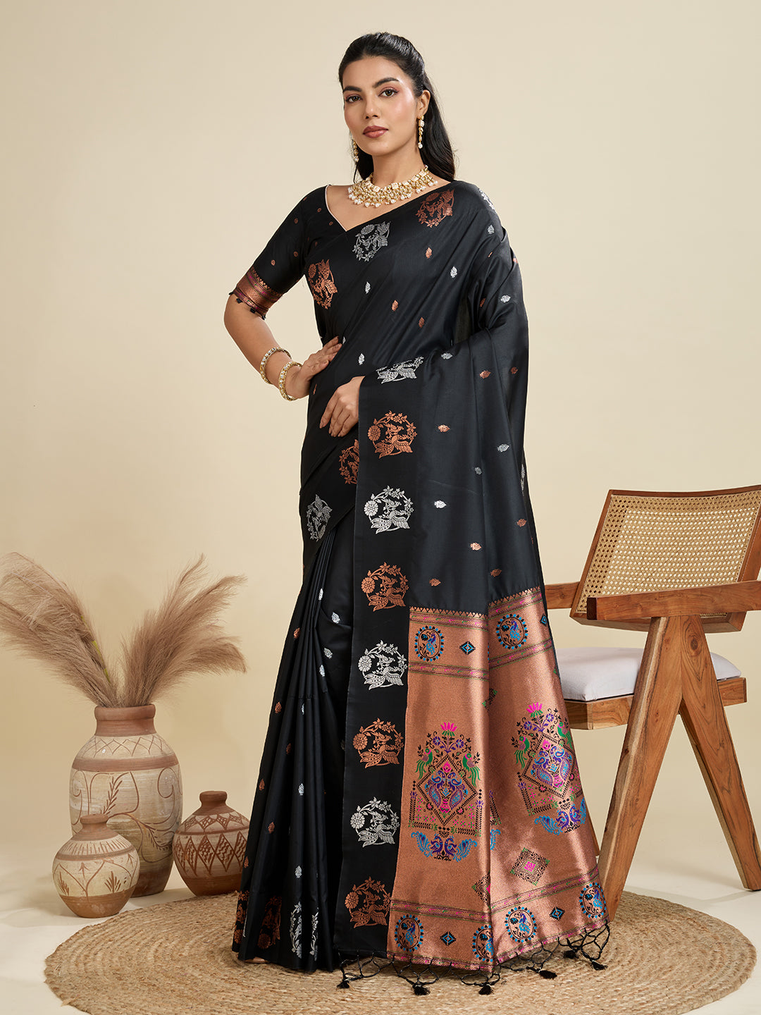 Pleasant Black Paithani Silk Saree With Ethnic Blouse Piece