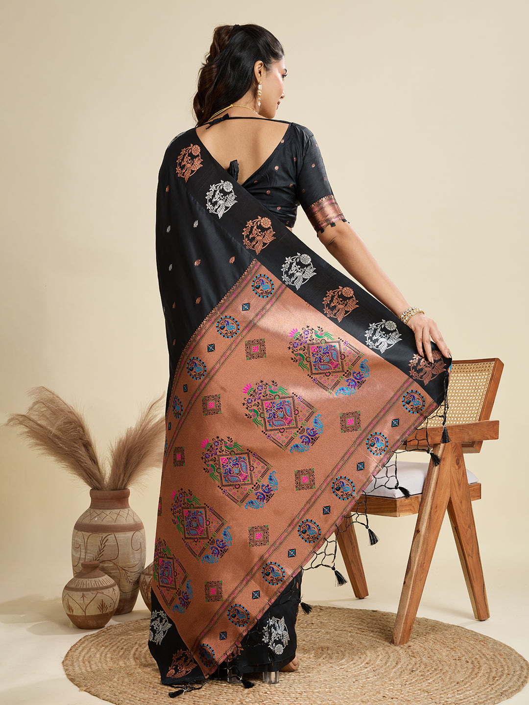 Pleasant Black Paithani Silk Saree With Ethnic Blouse Piece