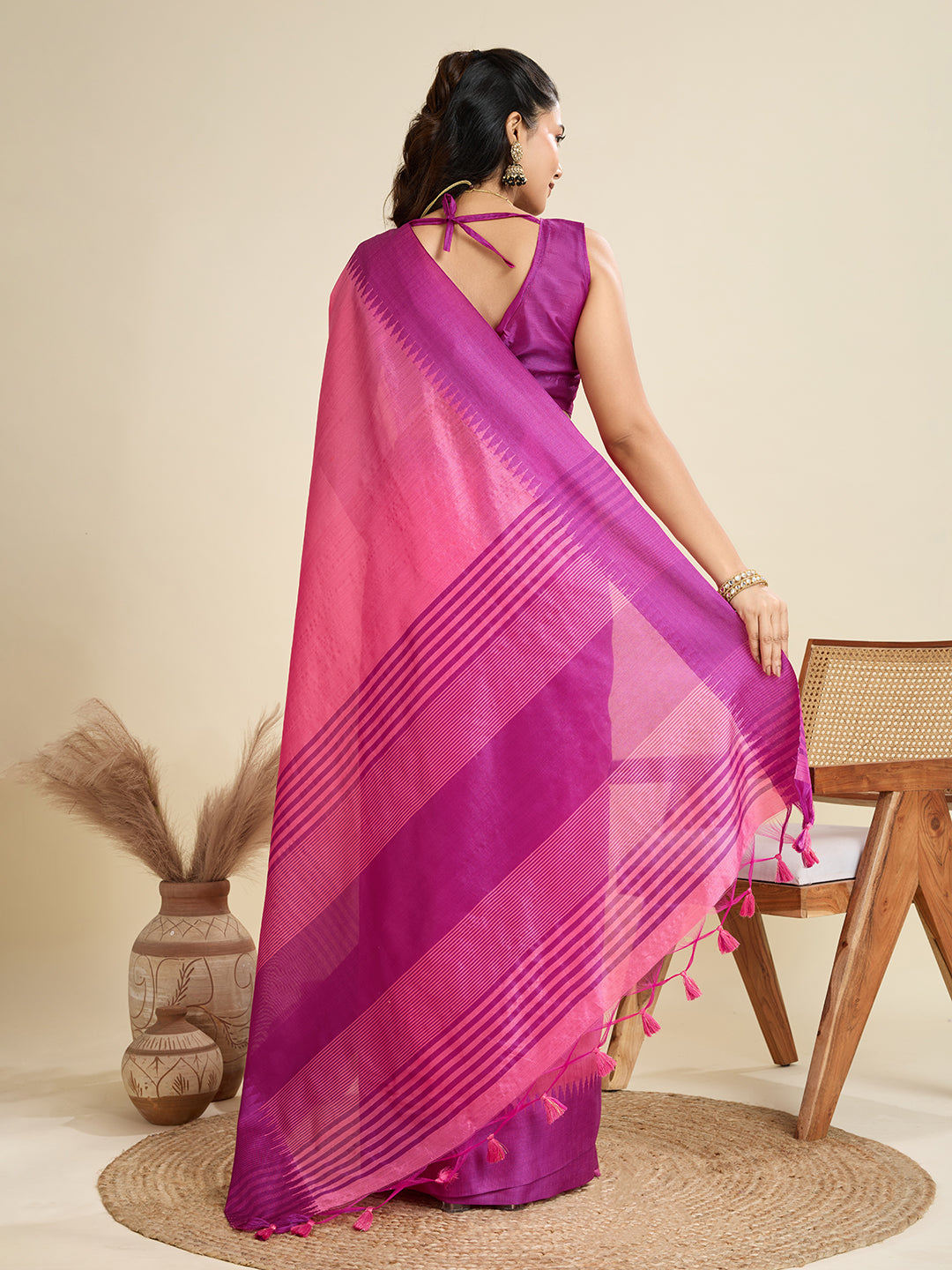 Punch Pink Soft Raw Silk Saree With Contrast Border
