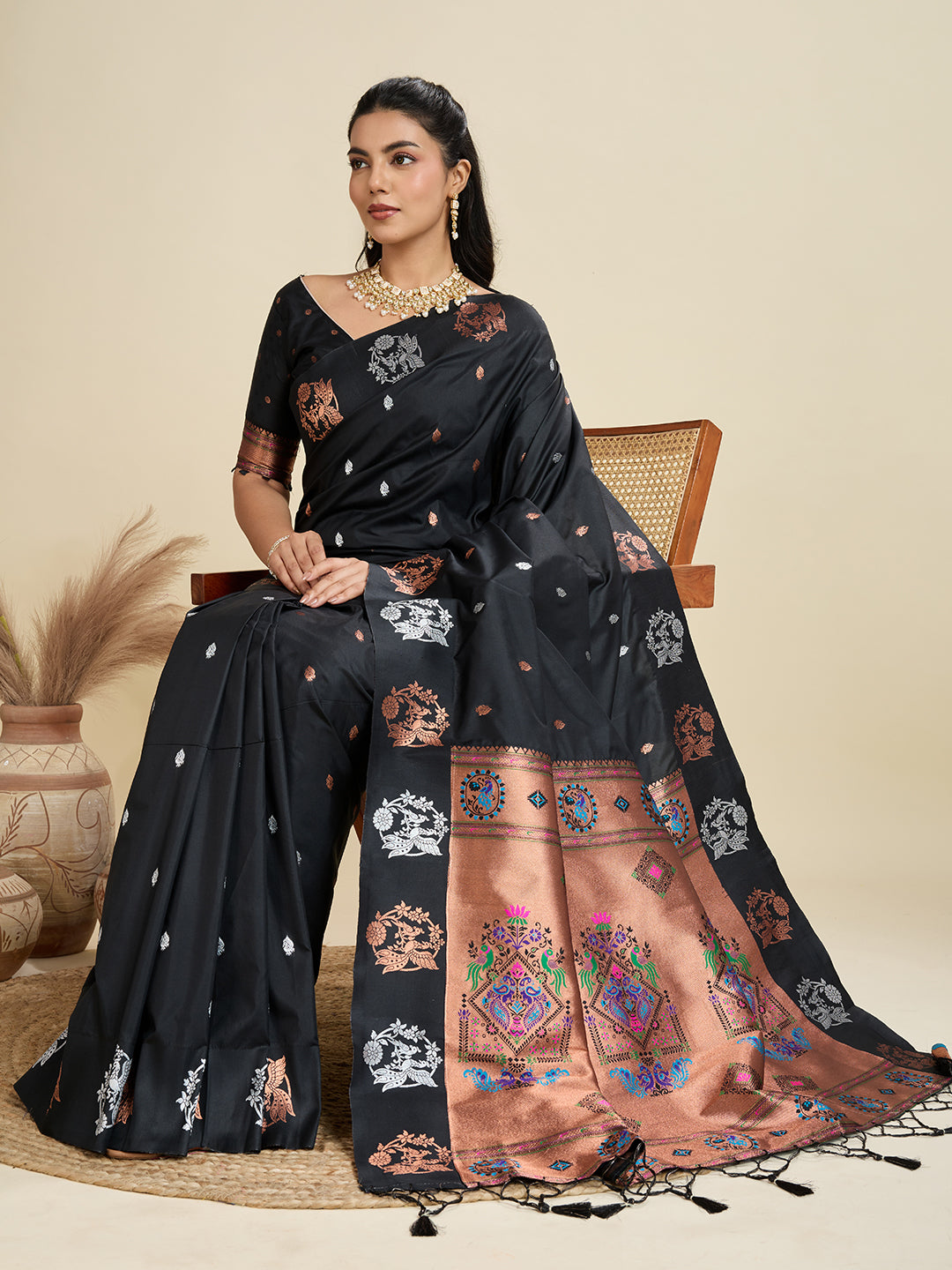 Pleasant Black Paithani Silk Saree With Ethnic Blouse Piece