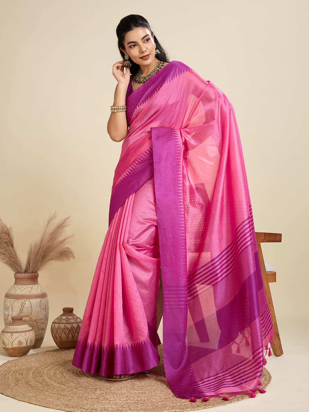 Punch Pink Soft Raw Silk Saree With Contrast Border