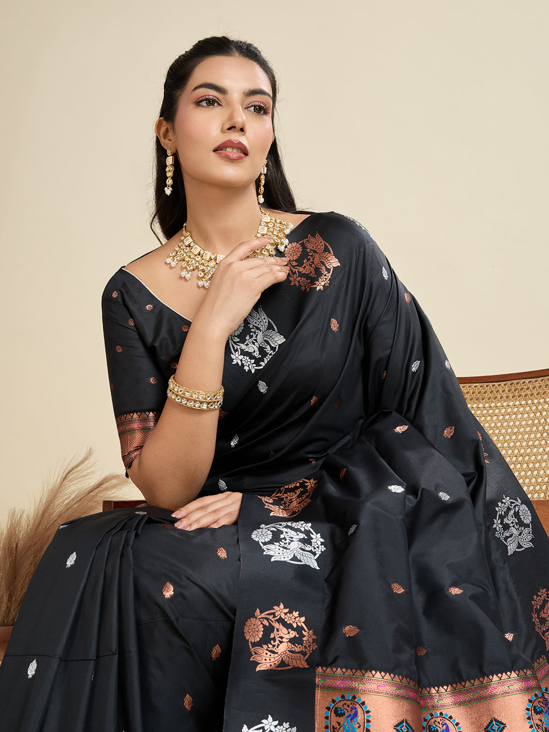 Pleasant Black Paithani Silk Saree With Ethnic Blouse Piece