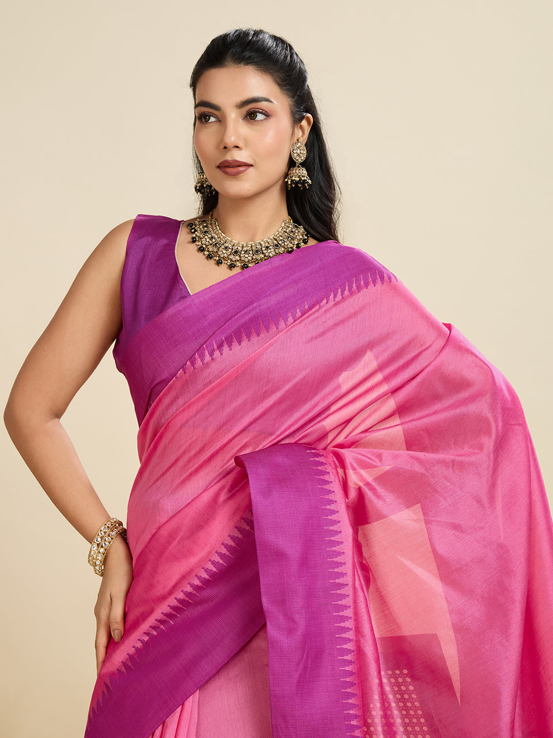 Punch Pink Soft Raw Silk Saree With Contrast Border