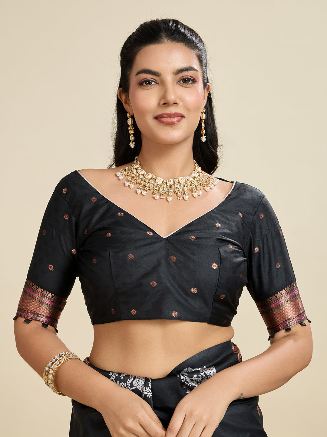 Pleasant Black Paithani Silk Saree With Ethnic Blouse Piece