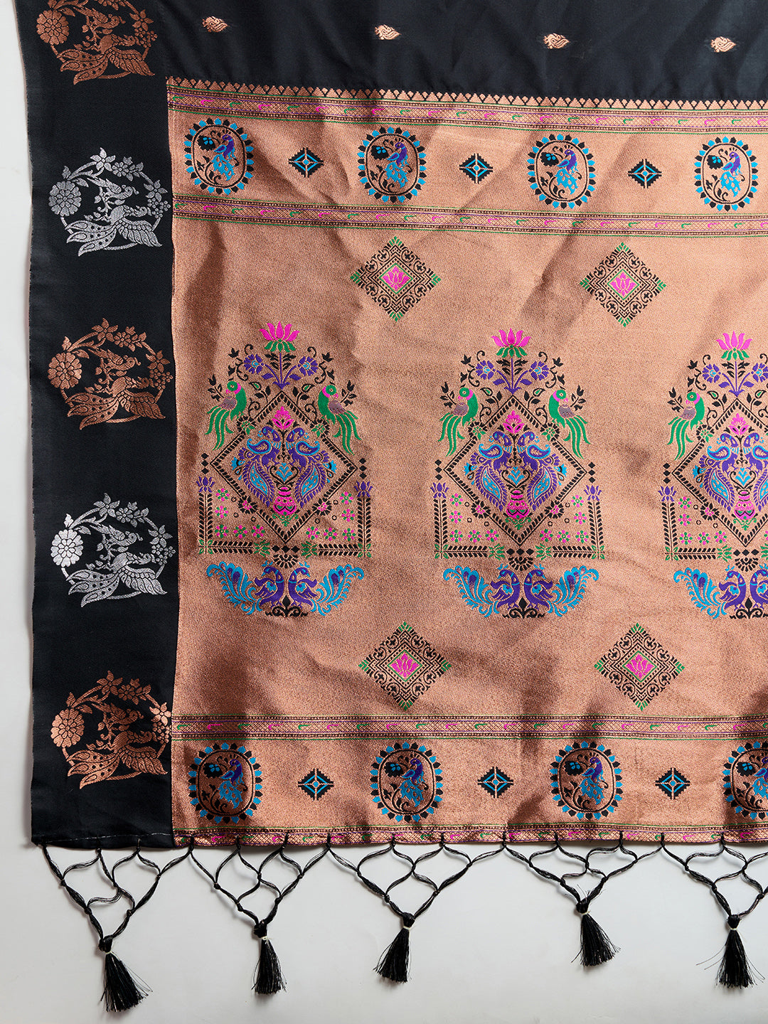Pleasant Black Paithani Silk Saree With Ethnic Blouse Piece